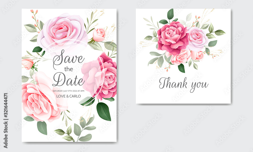 Beautiful floral wedding invitation card template set with watercolor background
