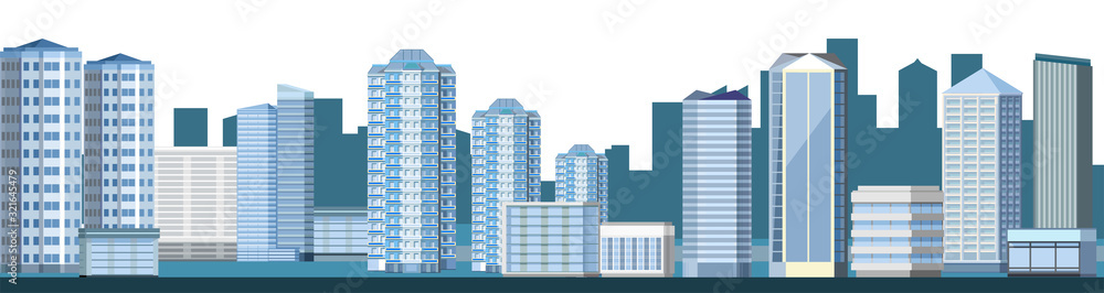 Abstract image of a modern city. Residential high-rise buildings with comfortable apartments and comfortable business office centers. Background. Isolated vector. Abstract image of a modern city. Residential high-rise buildings with comfortable apartments and comfortable business office centers. Background. Isolated vector.