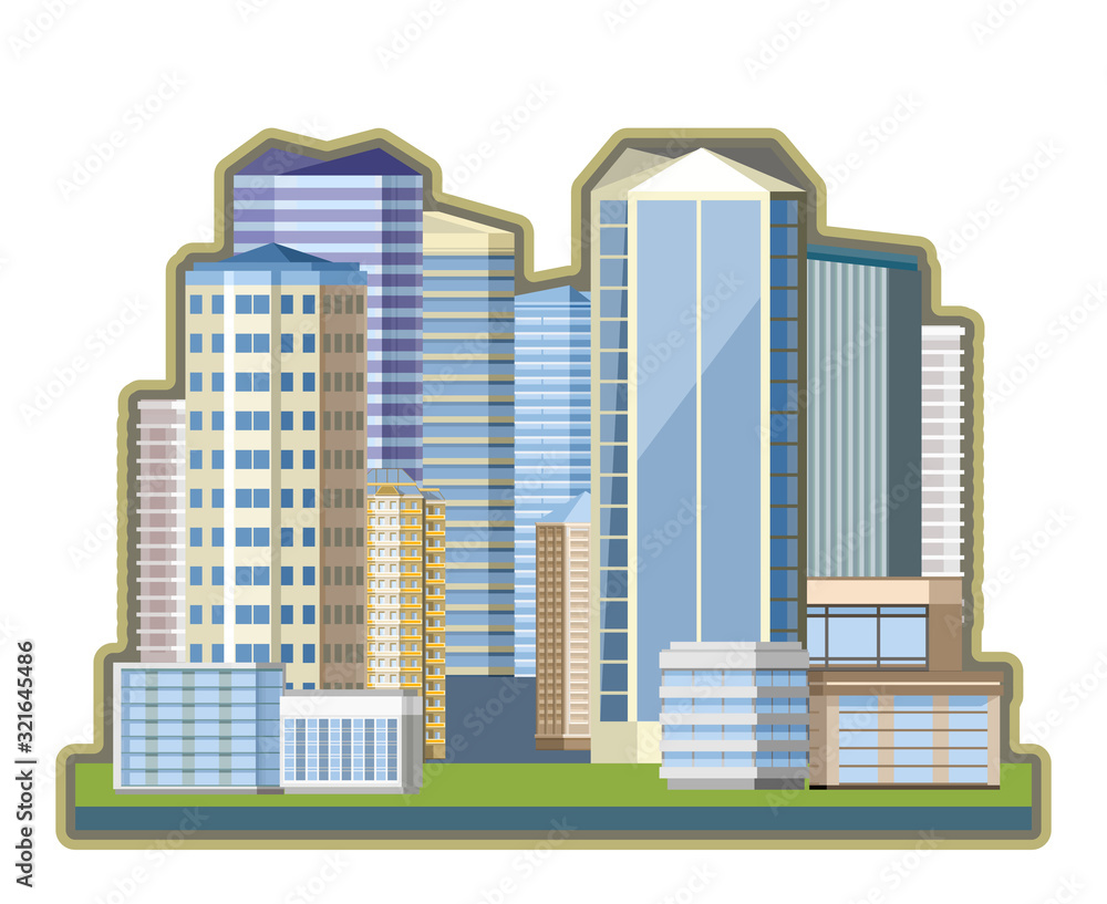 The center of the business city. Residential and office buildings. Small and large houses, apartments, offices of successful companies. Vector illustration. Is isolated. The center of the business city. Residential and office buildings. Small and large houses, apartments, offices of successful companies. Vector illustration. Is isolated.