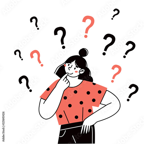 Thinking girl, woman asks questions. Flat cartoon style vector illustration.