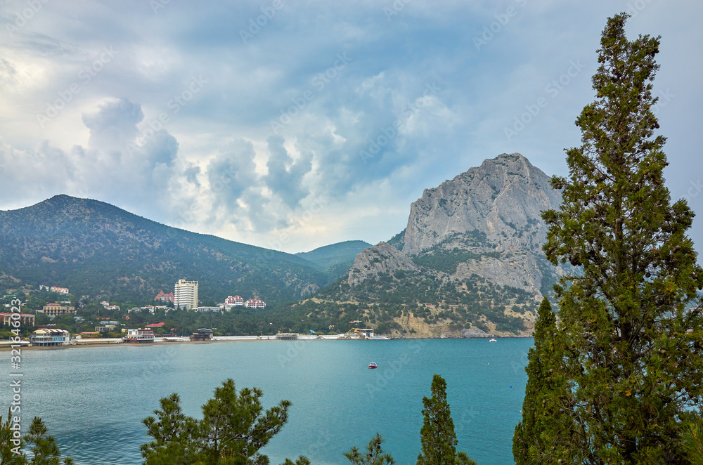 Beautiful bay with mountain views. Black Sea coast, Novyi Svet village, Crimea