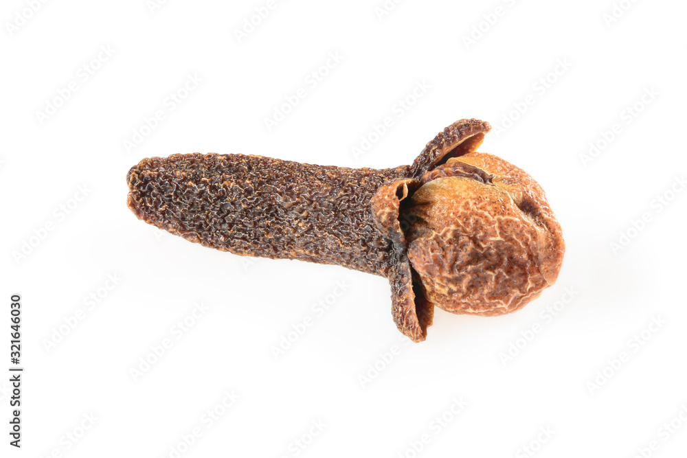 Obraz premium Clove spice. One dried clove, Carnation macro close-up Isolated on white background, with a light shadow.