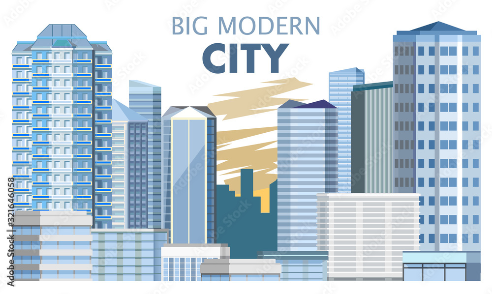 Large modern beautiful city. Center. Residential neighborhoods and business district. Offices, hotels, apartments. Vector illustration. Isolated object on a white background.