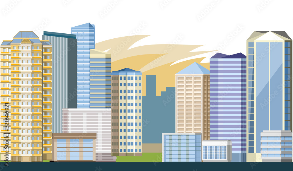 City. Vector illustration. Beautiful panorama of the town.  High-rise buildings, skyscrapers, office buildings. Central borough. Morning urban landscape. Background image.