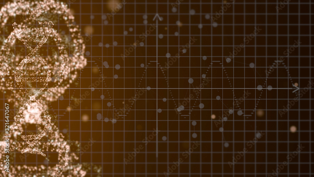 Gold particles DNA strand on screen with graphs and charts on gridded black background. Gold particles DNA strand on screen with graphs and charts on gridded black background.