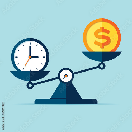 Time is money. Scales icon in flat style. Libra symbol, balance sign. Time management. Dollar and time icons. Vector design element for you project on color background