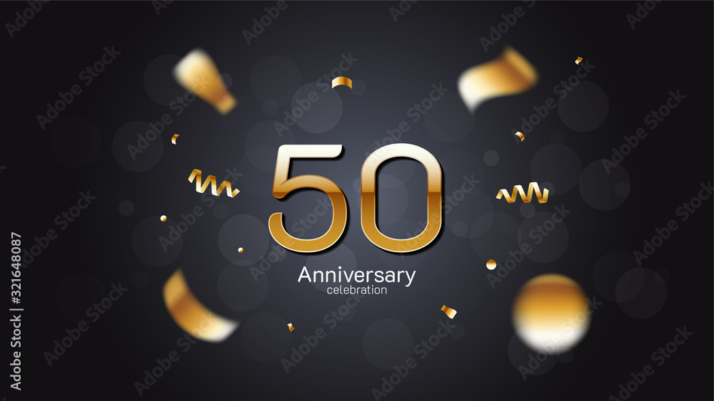 50th anniversary celebration Gold numbers editable vector EPS 10 shadow and sparkling confetti with bokeh light black background. modern elegant design for wedding party or company event decoration