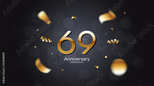 69th anniversary celebration Gold numbers editable vector EPS 10 shadow and sparkling confetti with bokeh light black background. modern elegant design for wedding party or company event decoration