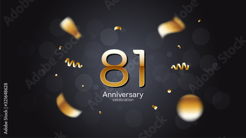 81st anniversary celebration Gold numbers editable vector EPS 10 shadow and sparkling confetti with bokeh light black background. modern elegant design for wedding party or company event decoration