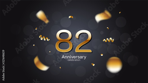 82nd anniversary celebration Gold numbers editable vector EPS 10 shadow and sparkling confetti with bokeh light black background. modern elegant design for wedding party or company event decoration