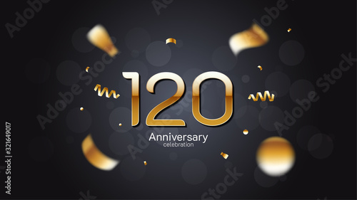 120th anniversary celebration Gold numbers editable vector EPS 10 shadow and sparkling confetti with bokeh light black background. modern elegant design for wedding party or company event decoration photo