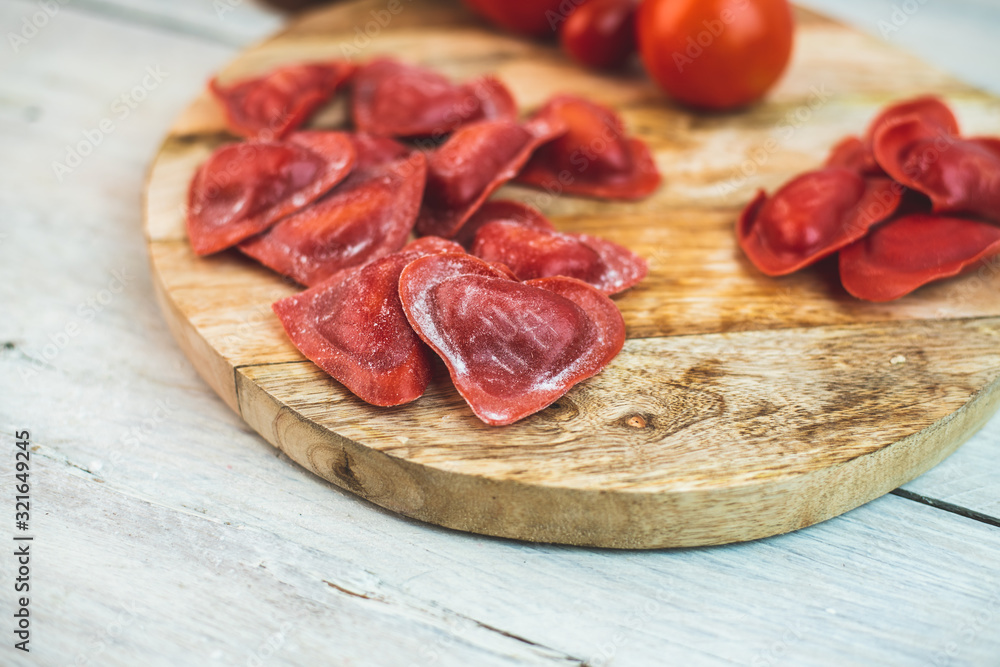 red, heart-shaped tomato ravioli