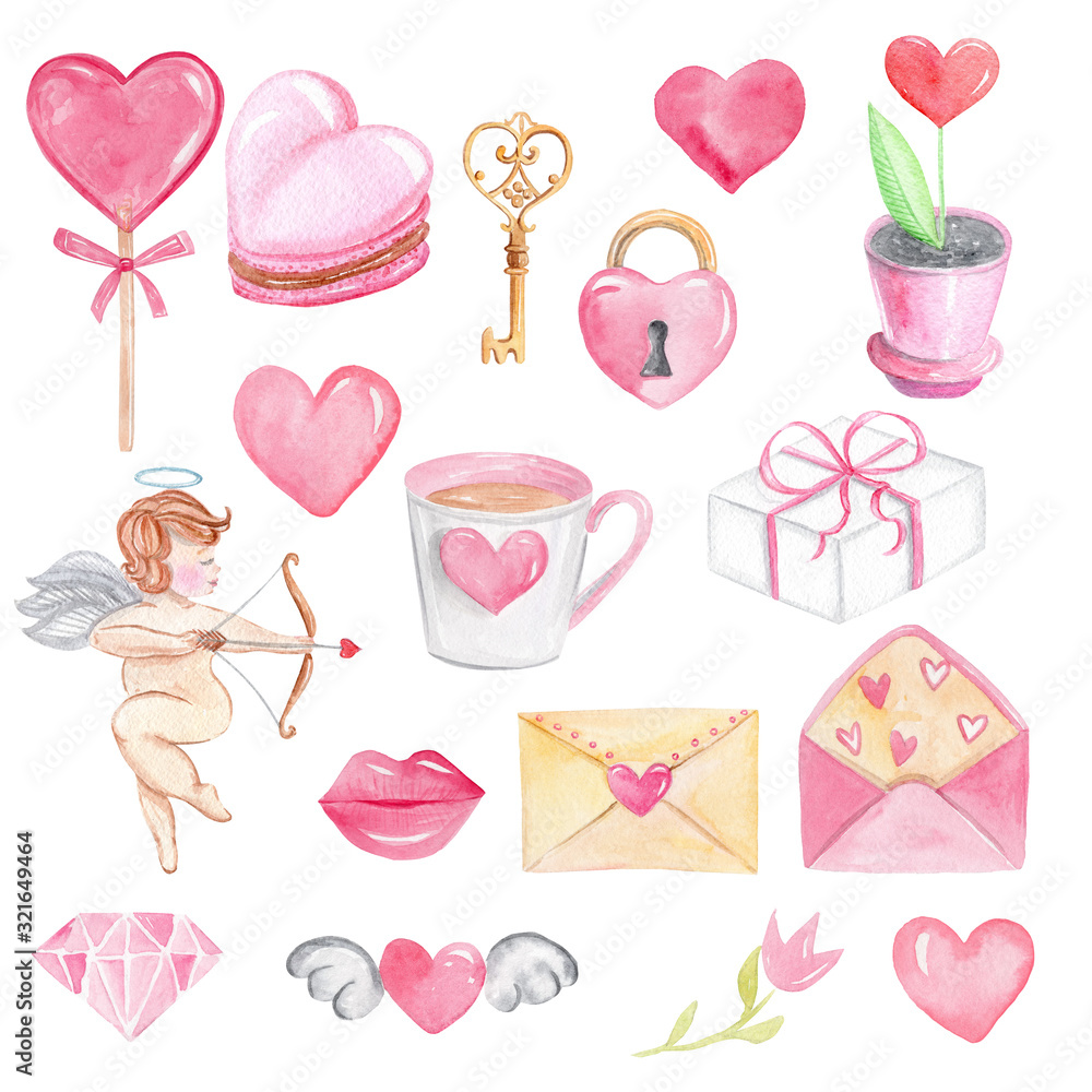 Watercolor valentines day set with pink beautiful elements isolated on white background. Cute hearts, cupid, love letters. Perfect for cards,scrapbooking,stickers,planner,textile Watercolor valentines day set with pink beautiful elements isolated on white background. Cute hearts, cupid, love letters. Perfect for cards,scrapbooking,stickers,planner,textile