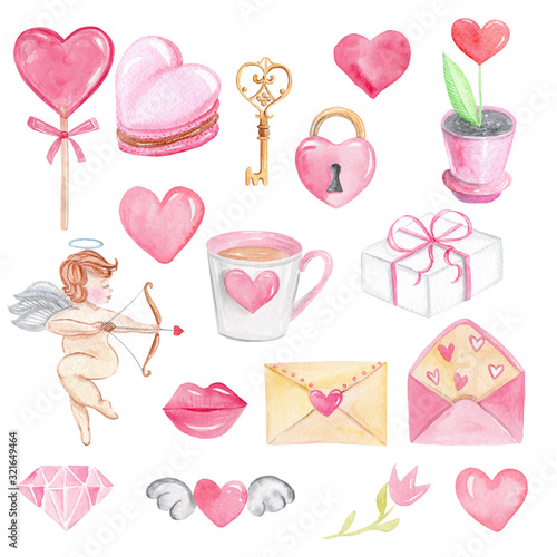 Watercolor valentines day set with pink beautiful elements isolated on white background. Cute hearts, cupid, love letters. Perfect for cards,scrapbooking,stickers,planner,textile © dreamloud