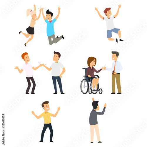 different people rejoice, jump, have fun. situations of joy and fun.