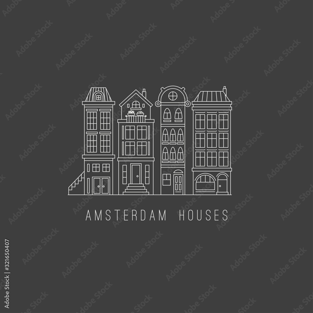 European old buildings. Dutch street. Amsterdam traditional houses. Thin stroke Outline Icons. Minimalistic concept. Pre-made Vector Logo. Simple design. Trendy illustration. Every house is isolated