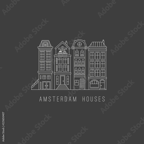 European old buildings. Dutch street. Amsterdam traditional houses. Thin stroke Outline Icons. Minimalistic concept. Pre-made Vector Logo. Simple design. Trendy illustration. Every house is isolated