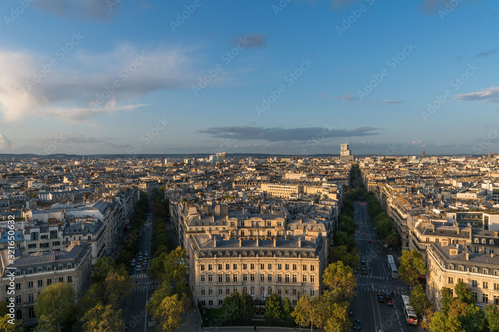 Aerial view of Paris City and the Avenue des Champs-Élysées