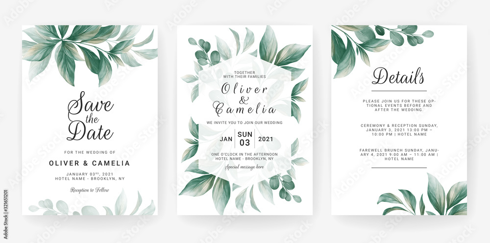 Wedding invitation card template set with watercolor leaves decoration. Flowers border for save the date, greeting, poster, cover, etc. Botanic illustration vector