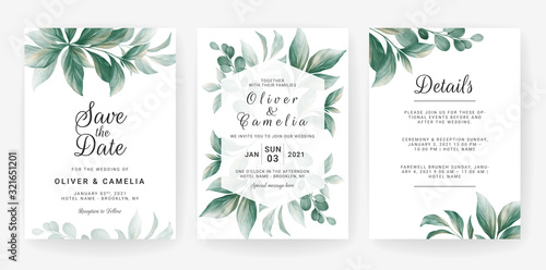 Wedding invitation card template set with watercolor leaves decoration. Flowers border for save the date, greeting, poster, cover, etc. Botanic illustration vector