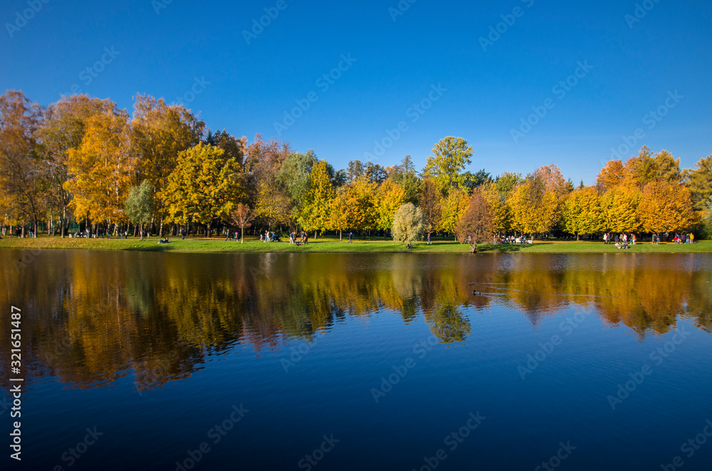 Golden autumn in a beautiful city park. Yellow trees in a mirror reflection of a blue lake. Krestovsky city park. Autumn park with green grass. SPb, Russia, October 17, 2019
