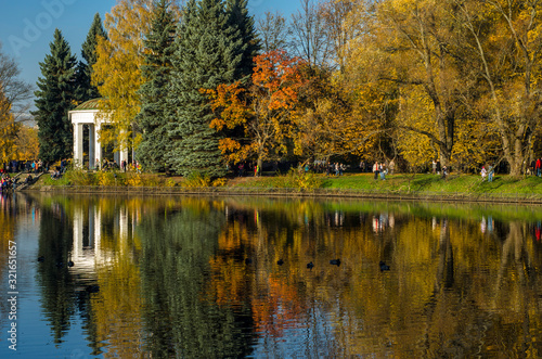 Golden autumn in a beautiful city park. Yellow trees in a mirror reflection of a blue lake. Krestovsky city park. Autumn park with green grass. SPb, Russia, October 17, 2019