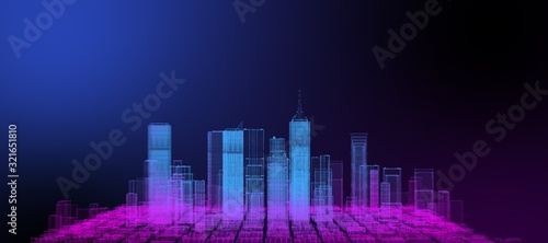 Fototapeta Naklejka Na Ścianę i Meble -  Neon colored city 3D. Finance business and technology city, futuristic smart digital city sci-fi theme web banner wide screen background.