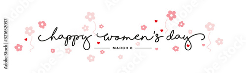 Happy Women's Day pink handwritten typography lettering line design 8 march pink red hearts white background banner