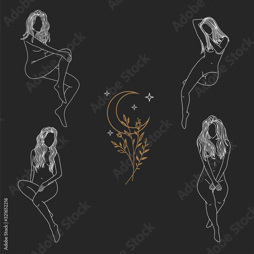 Young girl witch with long wavy hair falling to the ground. Nude modest model. Magic nymph, mysterious character from fairy tales. Coloring page. Isolated vector illustration.