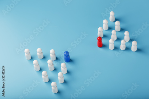 The conflict between two companies and a business, the rivalry of Leaders in blue and red leads a group of white employees to compete, Staff recruitment. © Alexander