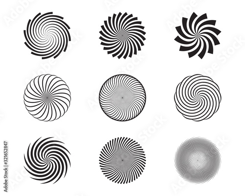 Spiral and swirl motion twisting circles design element set. Vector illustration.
