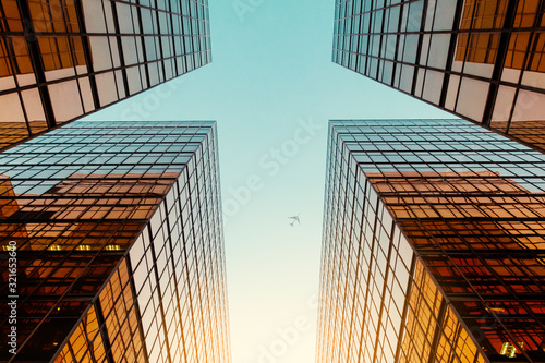 Photography modern architecture, glass facade  office buildings and blue sky