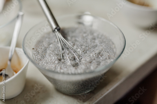 Chia Seed Pudding in Bowl in Kitchen
