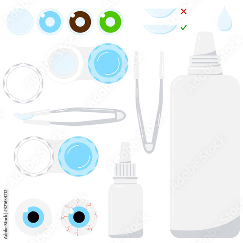 Contact lenses with care accessories icon vector set isolated on white background.