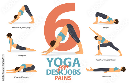 Infographic of 6 Yoga poses for desk jobs pains in flat design. Beauty woman is doing exercise for body stretching. Set of yoga sequence Infographic.  Cartoon Vector art and Illustration.