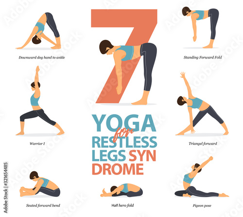 Infographic of 7 Yoga poses for restless legs syndrome in flat design. Beauty woman is doing exercise for body stretching. Set of yoga sequence Infographic.  Cartoon Vector art and Illustration.