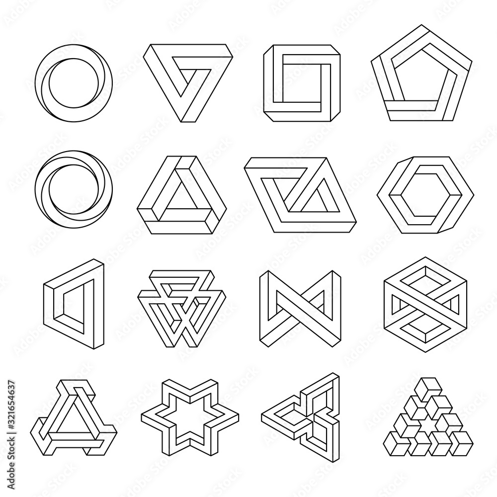 Impossible figures line art collection. Optical illusion, reality trick,  fascinating objects of geometry. Vector illustration isolated on white  background. Stock Vector | Adobe Stock