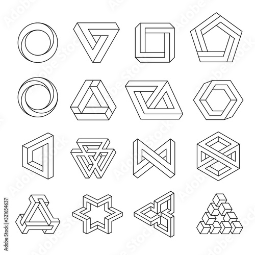 Impossible figures line art collection. Optical illusion, reality trick, fascinating objects of geometry. Vector illustration isolated on white background.