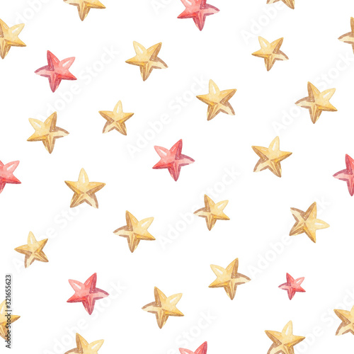 watercolor hand drawn red and yellow stars seamless pattern on white background for baby textile,fabric,wrapping paper, cards,scrapbooking
