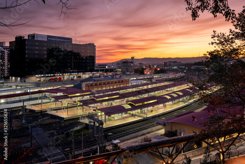 View over Roma Street Station in Brisbane at sunset looking towards Mt Coot-tha