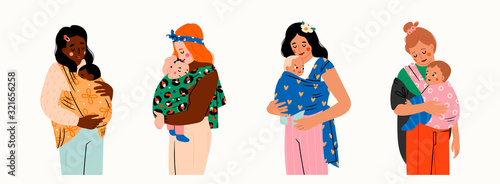 Set of four Ladies carrying their kids. Newborn Baby child in Sling feeling love and protection from his mother. Family, lifestyle concept. Happy Mother's Day. Hand drawn vector illustration