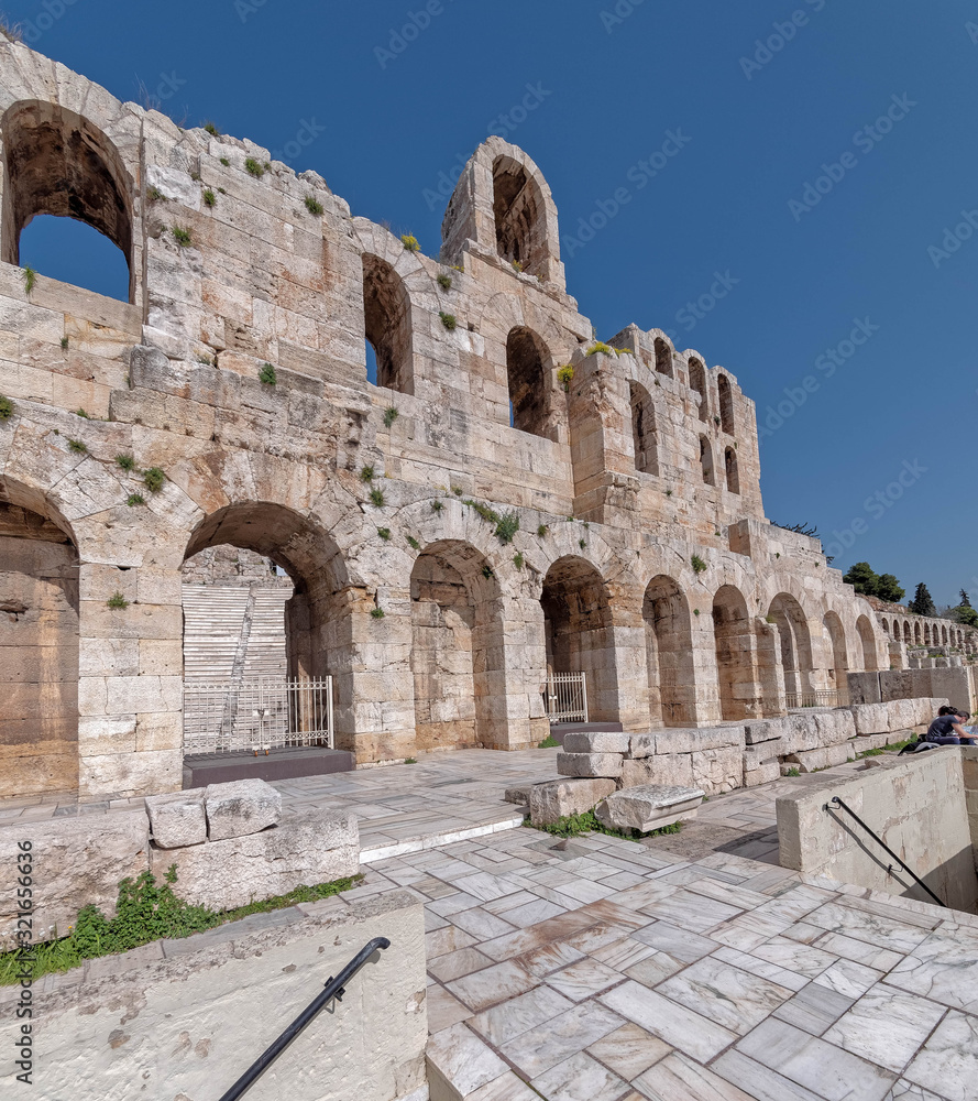 Athens Greece, Herodium ancient roman theater arched front facade