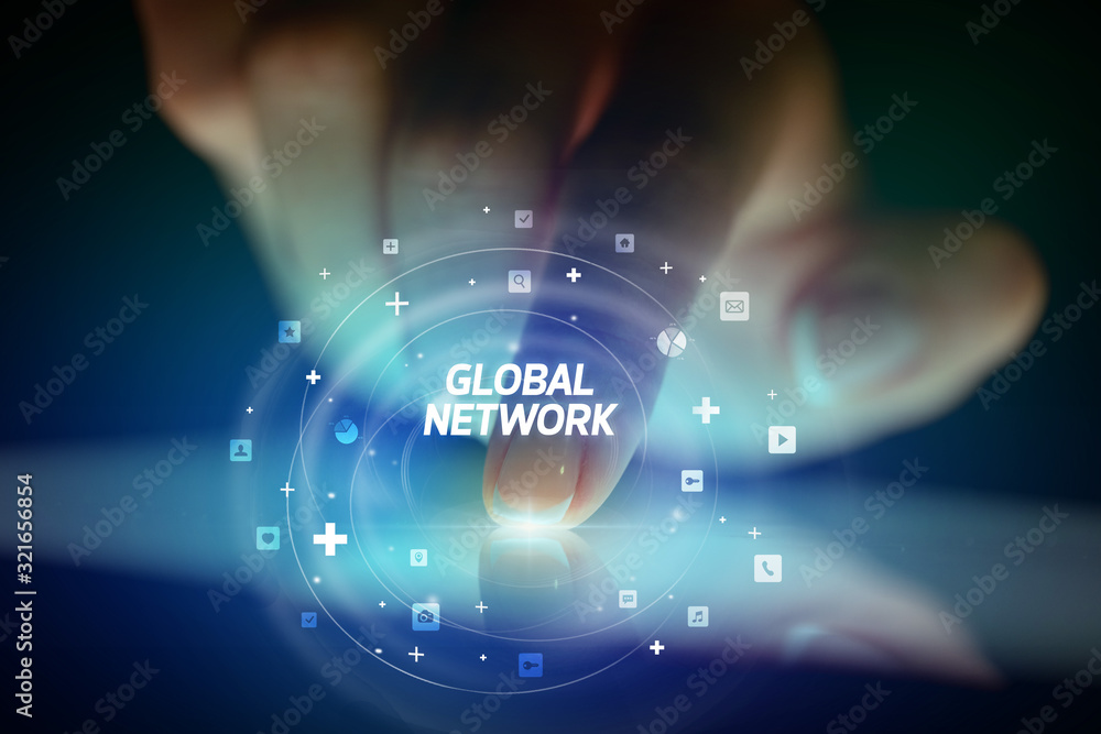Finger touching tablet with social media icons and GLOBAL NETWORK Finger touching tablet with social media icons and GLOBAL NETWORK