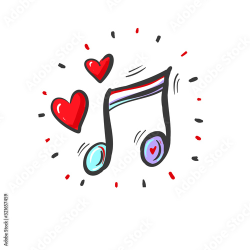 Romantic music vector background with notes and red hearts