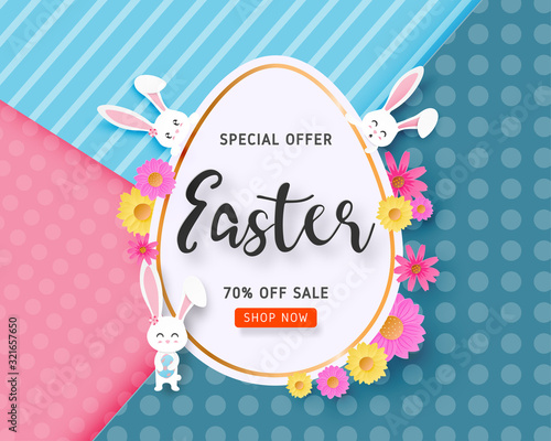 Happy Easter sale banner with Easter egg, bunny and flower on background in paper cut style. Vector illustration. Poster, banner, flyer, backdrop, brochure.