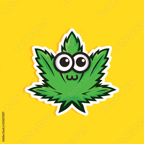 Cute cannabis leaf on yellow background. Cartoon style. Medical cbd oil and hemp ointment sticker. vector illustration.