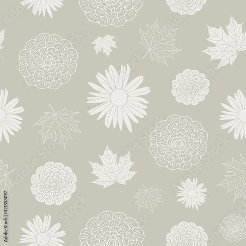 Vector Beige Silhouettes and Line Art Flowers and Leaves on Light Green Seamless Repeat Pattern. Background for textiles, cards, manufacturing, wallpapers, print, gift wrap and scrapbooking.