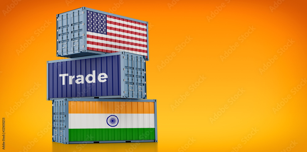 Freight container with India and USA flag. 3D Rendering