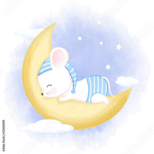 Obraz na płótnie Cute baby mouse sleeping on moon hand drawn cartoon animal watercolor illustration