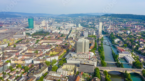 Zurich, Switzerland. Panorama of the city from the air. Gewerbeschule area, Limmat river, Aerial View photo